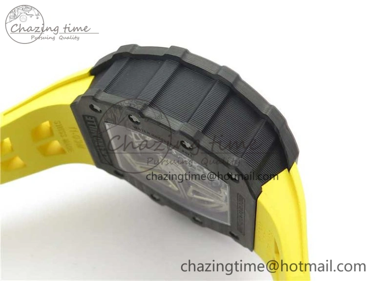 RM011 Carbon Case Chrono KVF 1:1 Best Edition Crystal Skeleton Yellow Dial on Yellow Racing Rubber Strap A7750 V2