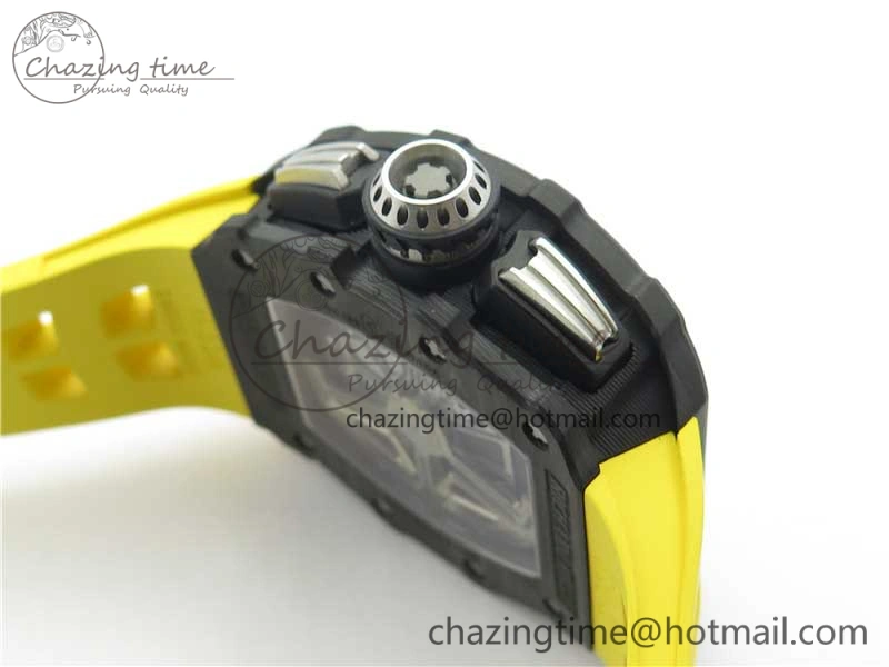 RM011 Carbon Case Chrono KVF 1:1 Best Edition Crystal Skeleton Yellow Dial on Yellow Racing Rubber Strap A7750 V2