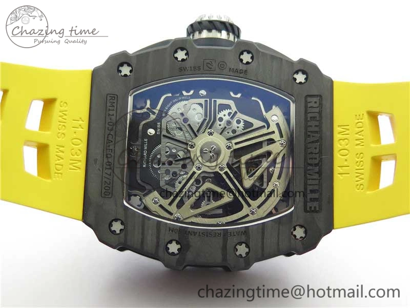 RM011 Carbon Case Chrono KVF 1:1 Best Edition Crystal Skeleton Yellow Dial on Yellow Racing Rubber Strap A7750 V2