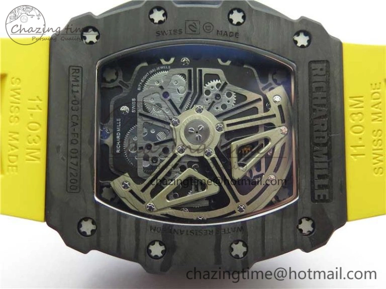 RM011 Carbon Case Chrono KVF 1:1 Best Edition Crystal Skeleton Yellow Dial on Yellow Racing Rubber Strap A7750 V2