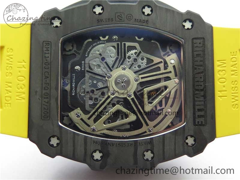 RM011 Carbon Case Chrono KVF 1:1 Best Edition Crystal Skeleton Yellow Dial on Yellow Racing Rubber Strap A7750 V2