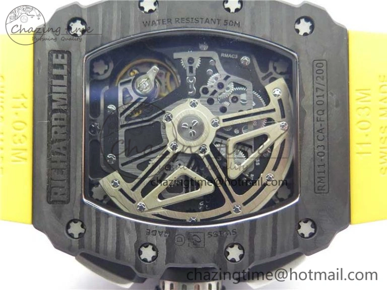 RM011 Carbon Case Chrono KVF 1:1 Best Edition Crystal Skeleton Yellow Dial on Yellow Racing Rubber Strap A7750 V2