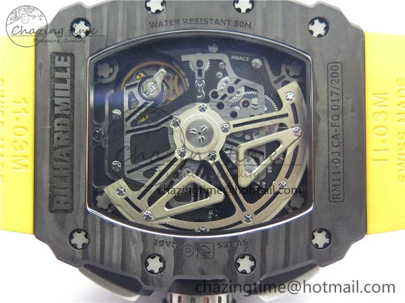 RM011 Carbon Case Chrono KVF 1:1 Best Edition Crystal Skeleton Yellow Dial on Yellow Racing Rubber Strap A7750 V2