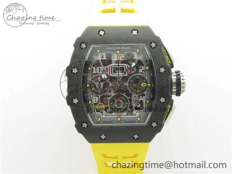 RM011 Carbon Case Chrono KVF 1:1 Best Edition Crystal Skeleton Yellow Dial on Yellow Racing Rubber Strap A7750 V2