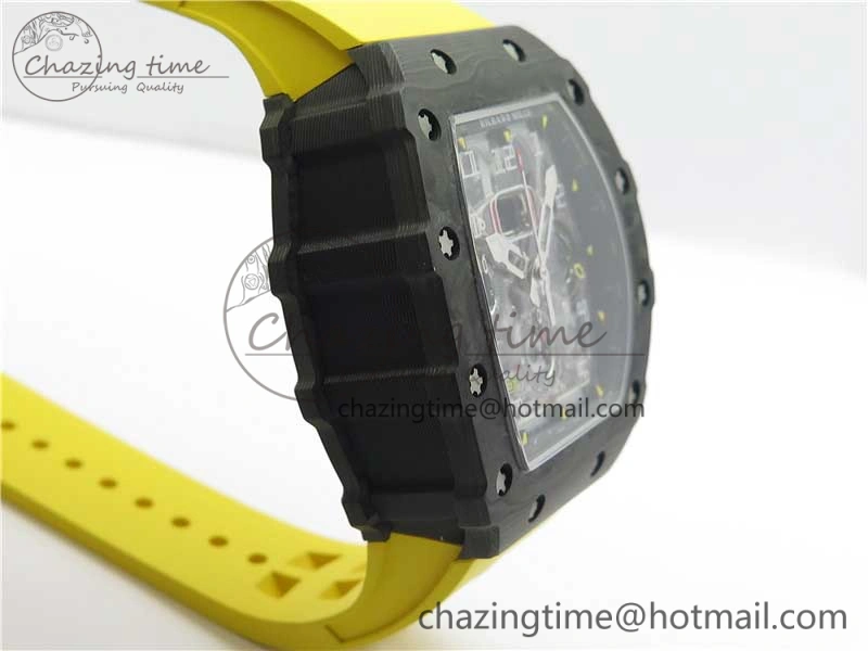 RM011 Carbon Case Chrono KVF 1:1 Best Edition Crystal Skeleton Yellow Dial on Yellow Racing Rubber Strap A7750 V2
