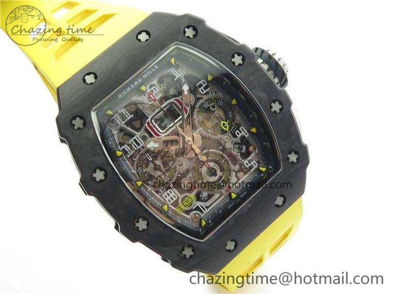 RM011 Carbon Case Chrono KVF 1:1 Best Edition Crystal Skeleton Yellow Dial on Yellow Racing Rubber Strap A7750 V2