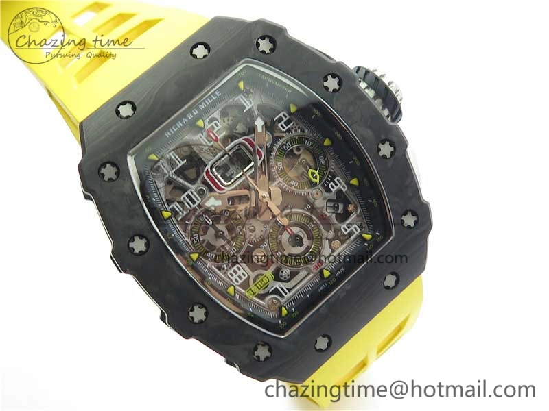 RM011 Carbon Case Chrono KVF 1:1 Best Edition Crystal Skeleton Yellow Dial on Yellow Racing Rubber Strap A7750 V2