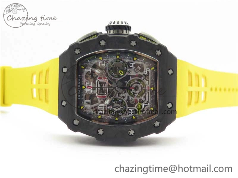 RM011 Carbon Case Chrono KVF 1:1 Best Edition Crystal Skeleton Yellow Dial on Yellow Racing Rubber Strap A7750 V2