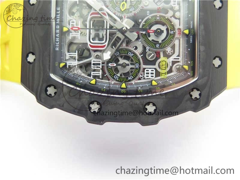 RM011 Carbon Case Chrono KVF 1:1 Best Edition Crystal Skeleton Yellow Dial on Yellow Racing Rubber Strap A7750 V2
