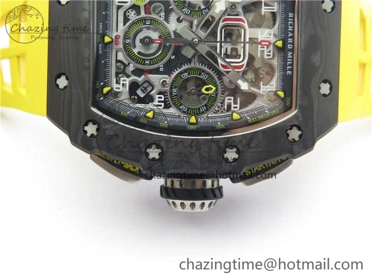 RM011 Carbon Case Chrono KVF 1:1 Best Edition Crystal Skeleton Yellow Dial on Yellow Racing Rubber Strap A7750 V2