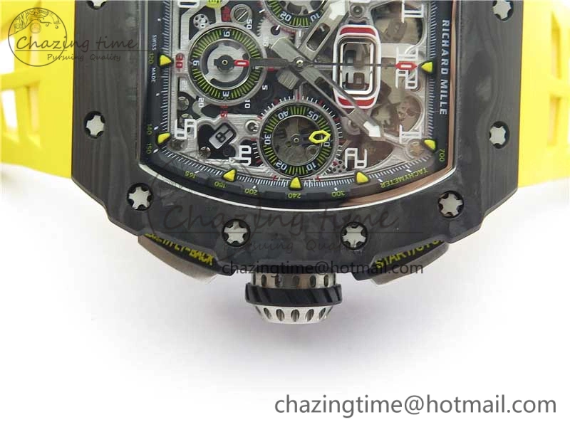 RM011 Carbon Case Chrono KVF 1:1 Best Edition Crystal Skeleton Yellow Dial on Yellow Racing Rubber Strap A7750 V2