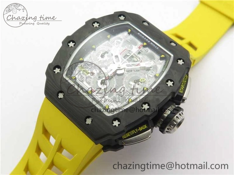 RM011 Carbon Case Chrono KVF 1:1 Best Edition Crystal Skeleton Yellow Dial on Yellow Racing Rubber Strap A7750 V2