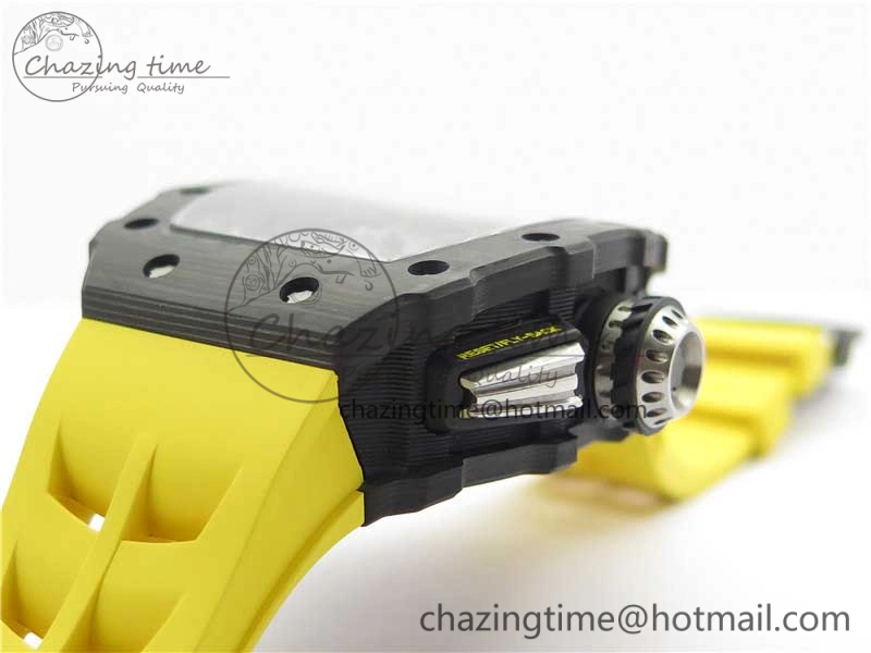 RM011 Carbon Case Chrono KVF 1:1 Best Edition Crystal Skeleton Yellow Dial on Yellow Racing Rubber Strap A7750 V2