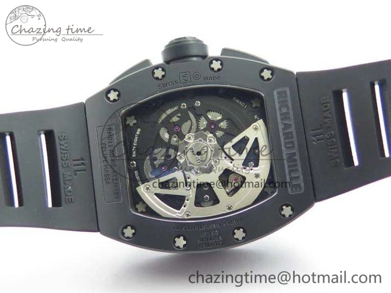 RM011 Ceramic Chrono KVF 1:1 Best Edition Crystal Skeleton Dial Black On Black Rubber Strap
