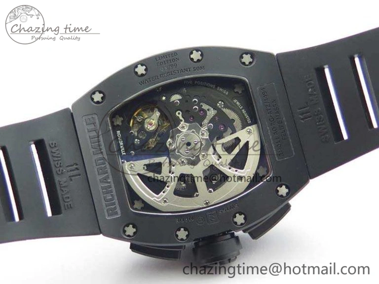 RM011 Ceramic Chrono KVF 1:1 Best Edition Crystal Skeleton Dial Black On Black Rubber Strap
