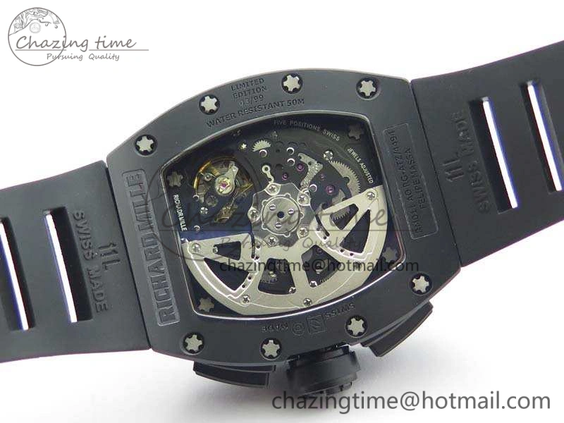 RM011 Ceramic Chrono KVF 1:1 Best Edition Crystal Skeleton Dial Black On Black Rubber Strap