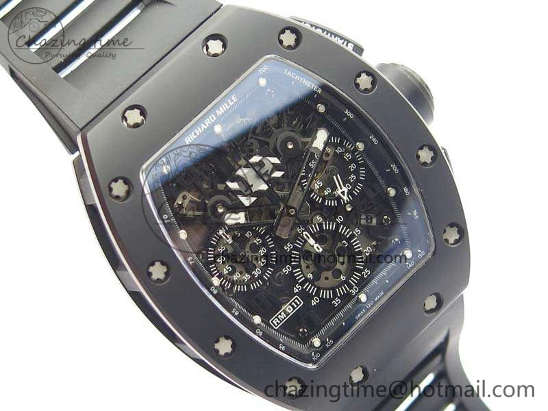 RM011 Ceramic Chrono KVF 1:1 Best Edition Crystal Skeleton Dial Black On Black Rubber Strap