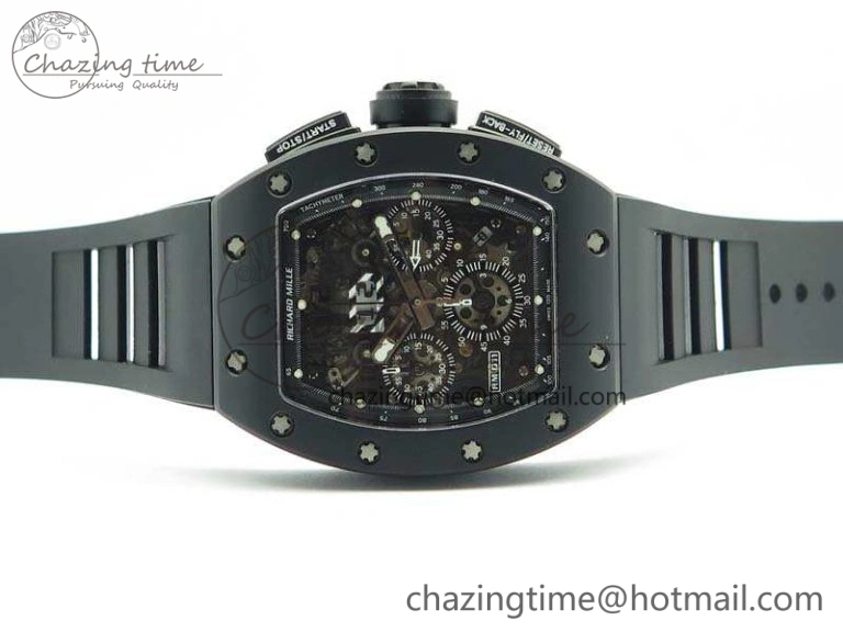 RM011 Ceramic Chrono KVF 1:1 Best Edition Crystal Skeleton Dial Black On Black Rubber Strap