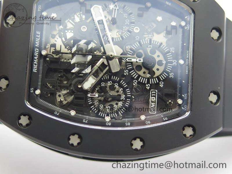 RM011 Ceramic Chrono KVF 1:1 Best Edition Crystal Skeleton Dial Black On Black Rubber Strap