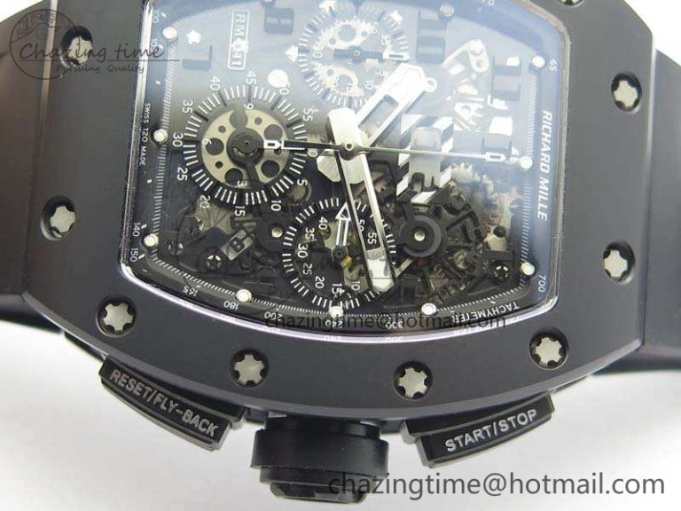 RM011 Ceramic Chrono KVF 1:1 Best Edition Crystal Skeleton Dial Black On Black Rubber Strap