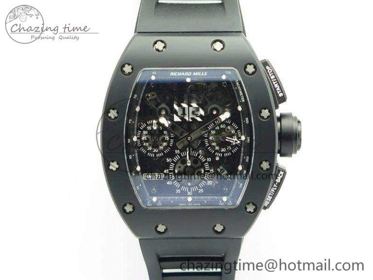 RM011 Ceramic Chrono KVF 1:1 Best Edition Crystal Skeleton Dial Black On Black Rubber Strap