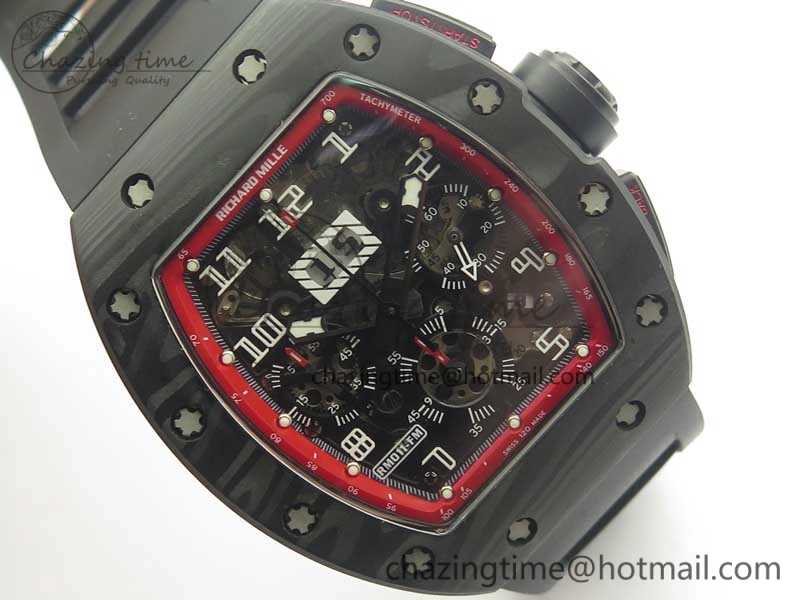 RM011 NTPT Carbon Chrono KVF 1:1 Best Edition Crystal Skeleton Dial Red Inner Bezel On Black Rubber Strap A7750