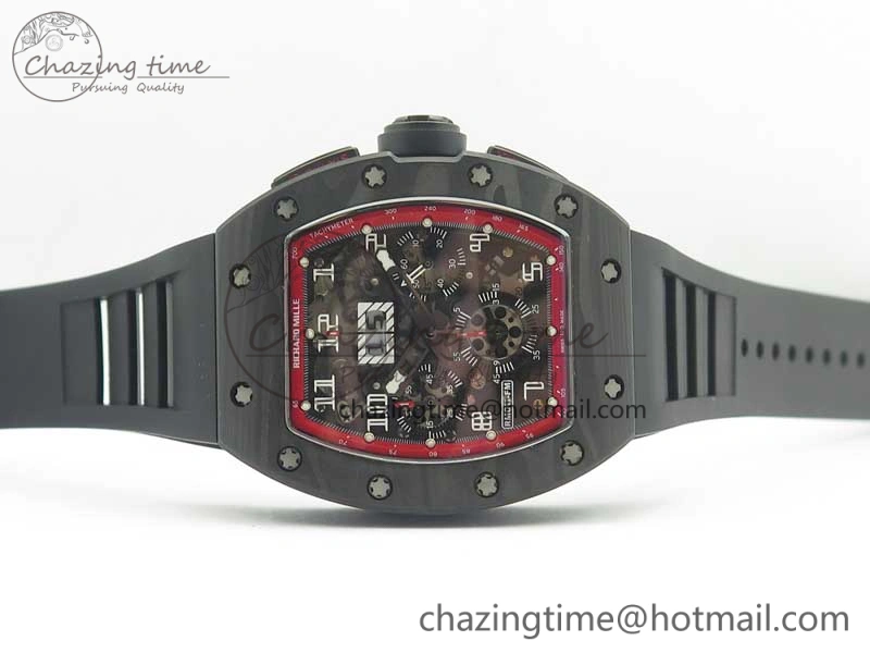 RM011 NTPT Carbon Chrono KVF 1:1 Best Edition Crystal Skeleton Dial Red Inner Bezel On Black Rubber Strap A7750