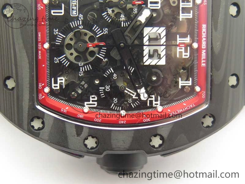 RM011 NTPT Carbon Chrono KVF 1:1 Best Edition Crystal Skeleton Dial Red Inner Bezel On Black Rubber Strap A7750
