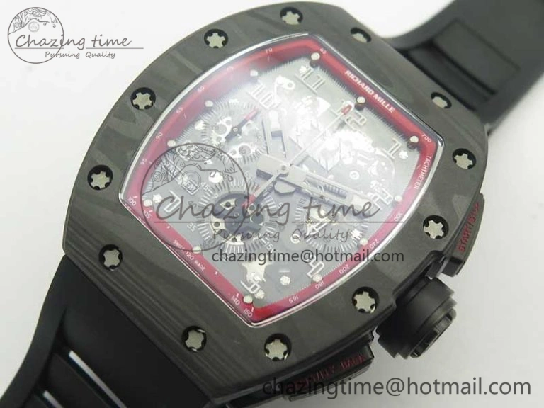 RM011 NTPT Carbon Chrono KVF 1:1 Best Edition Crystal Skeleton Dial Red Inner Bezel On Black Rubber Strap A7750