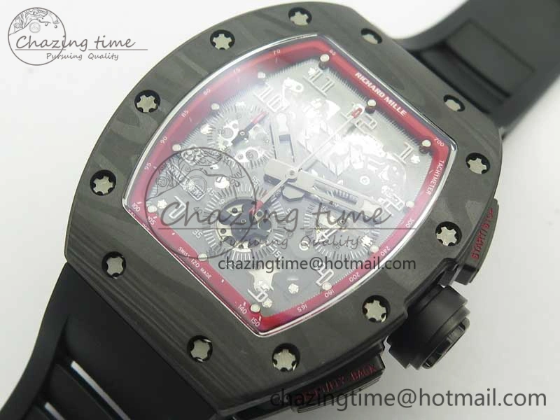 RM011 NTPT Carbon Chrono KVF 1:1 Best Edition Crystal Skeleton Dial Red Inner Bezel On Black Rubber Strap A7750