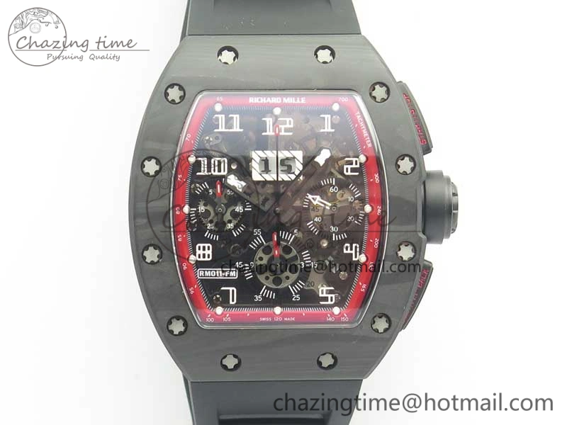 RM011 NTPT Carbon Chrono KVF 1:1 Best Edition Crystal Skeleton Dial Red Inner Bezel On Black Rubber Strap A7750