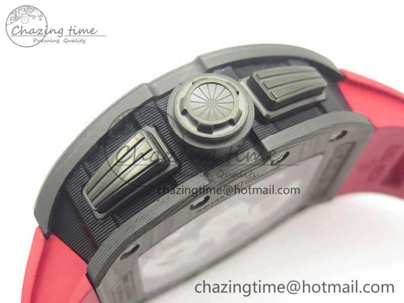 RM011 NTPT Carbon Chrono KVF 1:1 Best Edition Crystal Skeleton Dial Red Inner Bezel On Red Rubber Strap A7750