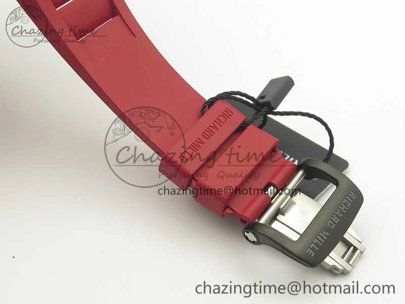 RM011 NTPT Carbon Chrono KVF 1:1 Best Edition Crystal Skeleton Dial Red Inner Bezel On Red Rubber Strap A7750
