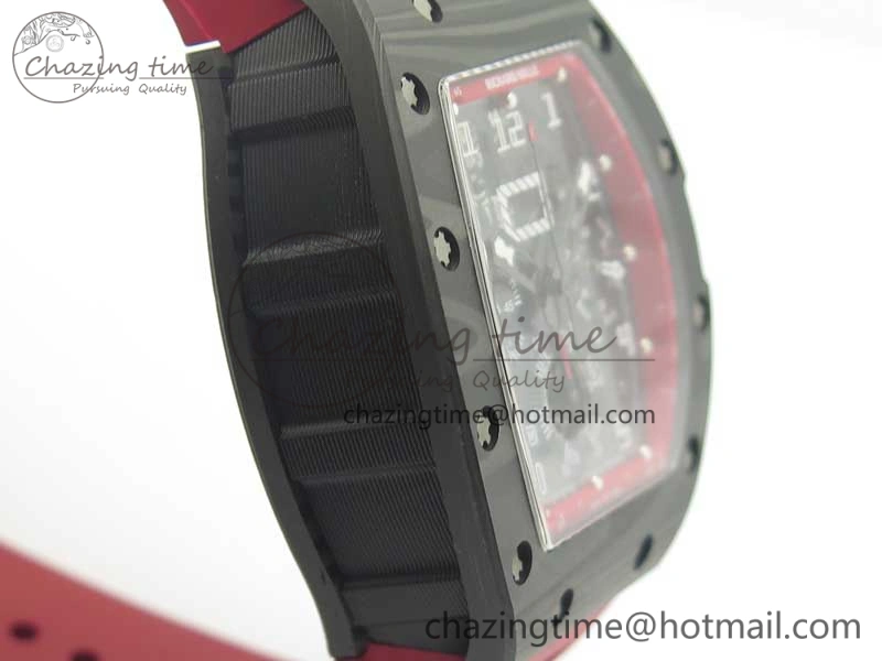 RM011 NTPT Carbon Chrono KVF 1:1 Best Edition Crystal Skeleton Dial Red Inner Bezel On Red Rubber Strap A7750