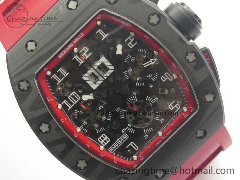 RM011 NTPT Carbon Chrono KVF 1:1 Best Edition Crystal Skeleton Dial Red Inner Bezel On Red Rubber Strap A7750