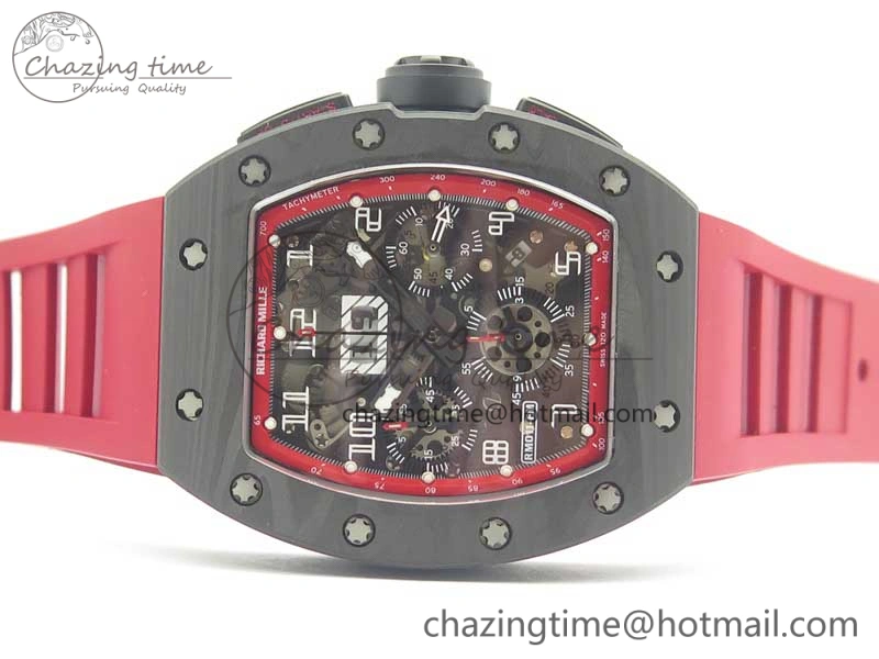 RM011 NTPT Carbon Chrono KVF 1:1 Best Edition Crystal Skeleton Dial Red Inner Bezel On Red Rubber Strap A7750