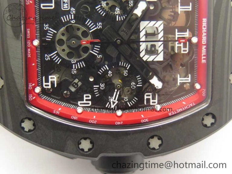 RM011 NTPT Carbon Chrono KVF 1:1 Best Edition Crystal Skeleton Dial Red Inner Bezel On Red Rubber Strap A7750