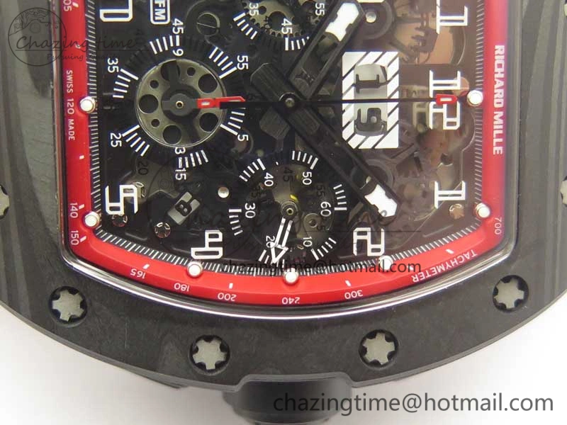 RM011 NTPT Carbon Chrono KVF 1:1 Best Edition Crystal Skeleton Dial Red Inner Bezel On Red Rubber Strap A7750