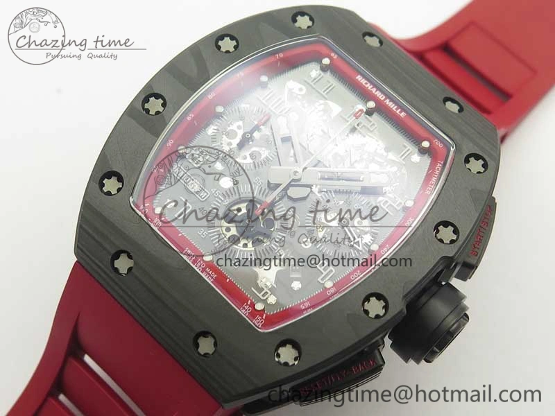RM011 NTPT Carbon Chrono KVF 1:1 Best Edition Crystal Skeleton Dial Red Inner Bezel On Red Rubber Strap A7750
