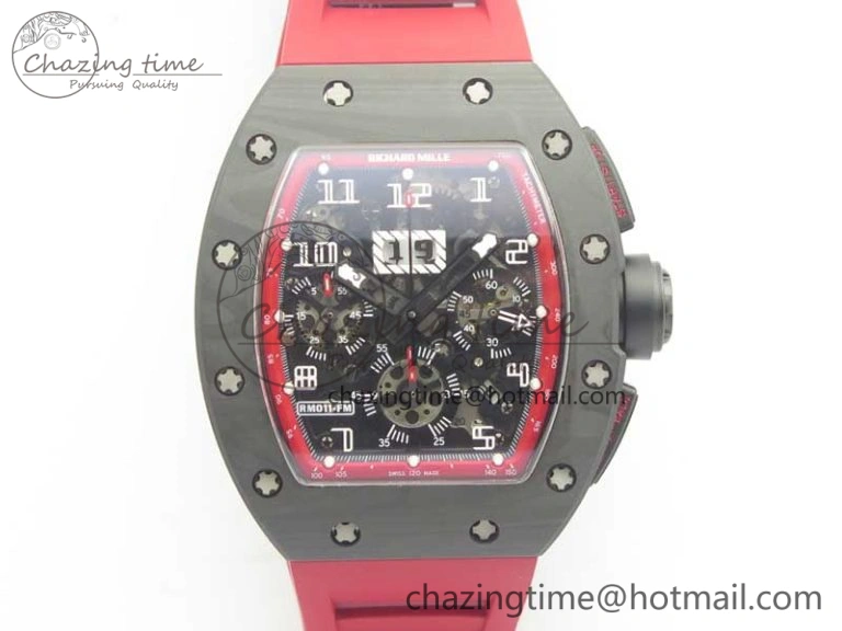 RM011 NTPT Carbon Chrono KVF 1:1 Best Edition Crystal Skeleton Dial Red Inner Bezel On Red Rubber Strap A7750