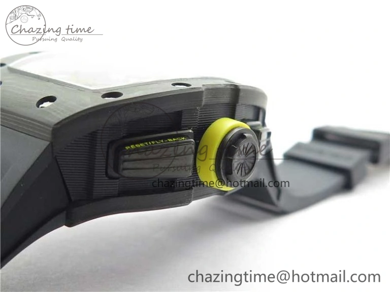 RM011 NTPT Carbon Chrono KVF 1:1 Best Edition Crystal Skeleton Dial Yellow Inner Bezel on Black Rubber Strap A7750