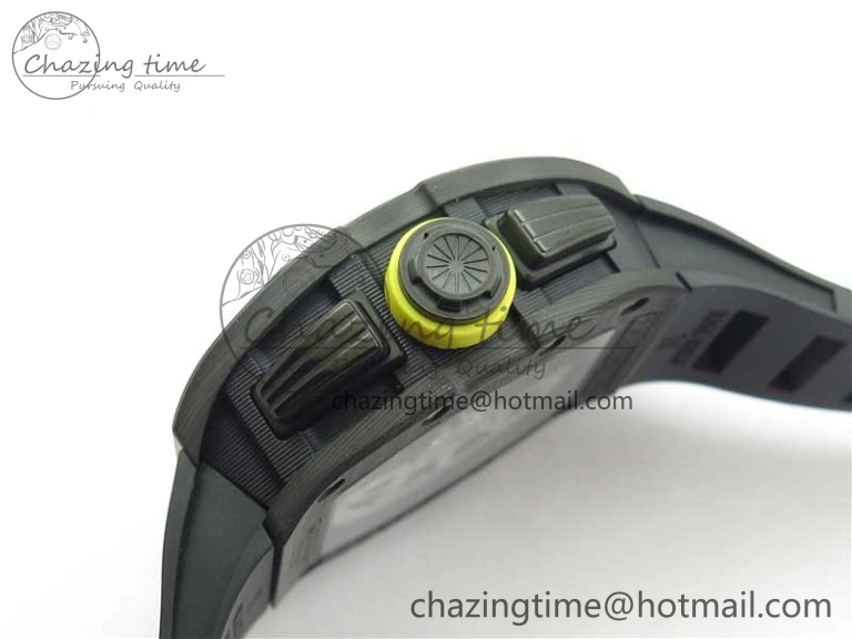 RM011 NTPT Carbon Chrono KVF 1:1 Best Edition Crystal Skeleton Dial Yellow Inner Bezel on Black Rubber Strap A7750