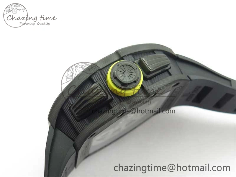 RM011 NTPT Carbon Chrono KVF 1:1 Best Edition Crystal Skeleton Dial Yellow Inner Bezel on Black Rubber Strap A7750