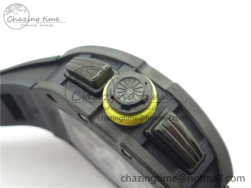 RM011 NTPT Carbon Chrono KVF 1:1 Best Edition Crystal Skeleton Dial Yellow Inner Bezel on Black Rubber Strap A7750