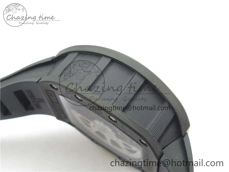 RM011 NTPT Carbon Chrono KVF 1:1 Best Edition Crystal Skeleton Dial Yellow Inner Bezel on Black Rubber Strap A7750