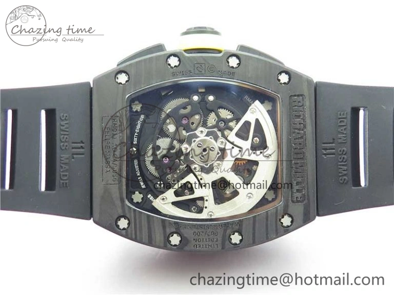 RM011 NTPT Carbon Chrono KVF 1:1 Best Edition Crystal Skeleton Dial Yellow Inner Bezel on Black Rubber Strap A7750