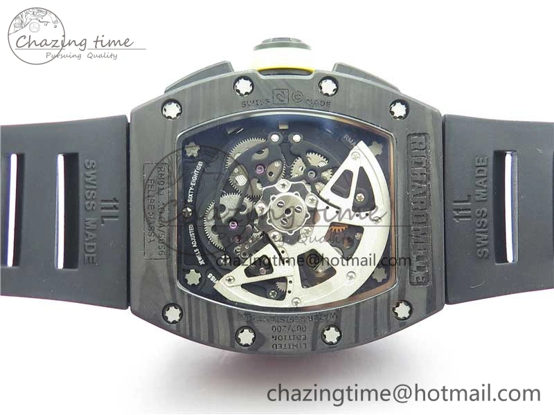 RM011 NTPT Carbon Chrono KVF 1:1 Best Edition Crystal Skeleton Dial Yellow Inner Bezel on Black Rubber Strap A7750