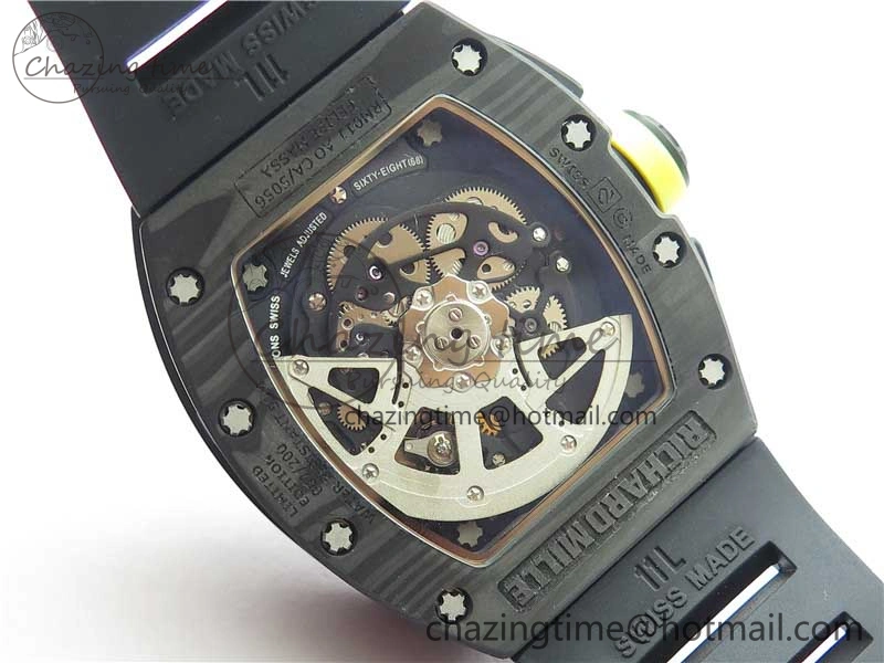 RM011 NTPT Carbon Chrono KVF 1:1 Best Edition Crystal Skeleton Dial Yellow Inner Bezel on Black Rubber Strap A7750