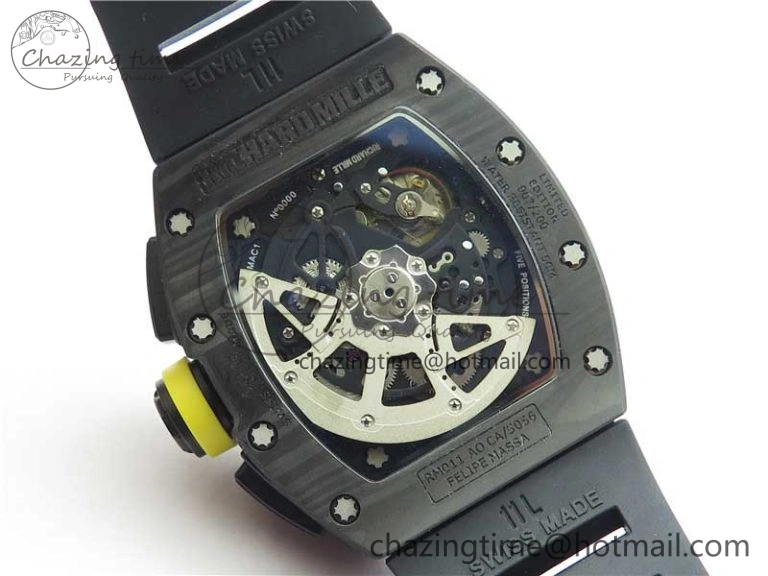 RM011 NTPT Carbon Chrono KVF 1:1 Best Edition Crystal Skeleton Dial Yellow Inner Bezel on Black Rubber Strap A7750