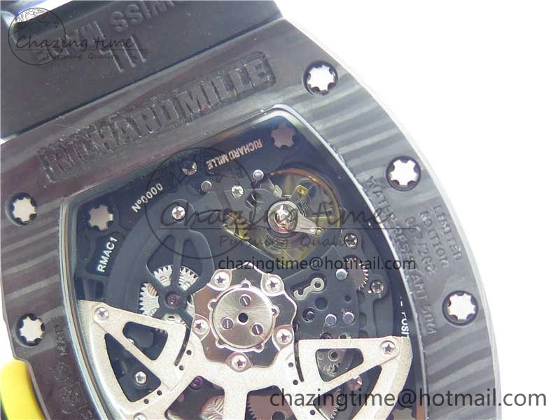 RM011 NTPT Carbon Chrono KVF 1:1 Best Edition Crystal Skeleton Dial Yellow Inner Bezel on Black Rubber Strap A7750